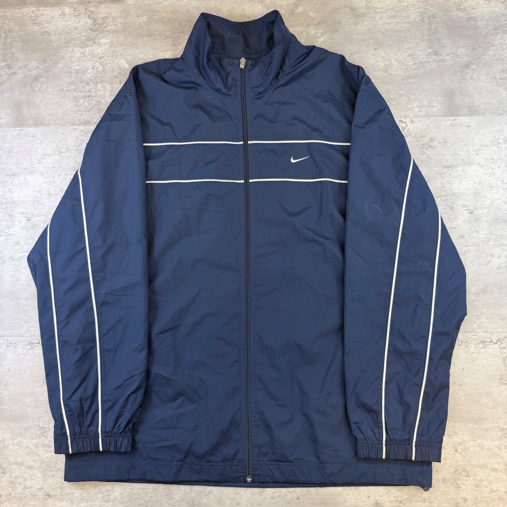 Nike Windbreaker Jacket Mens XL Navy Blue Full Zip White Piping Embroidered Logo